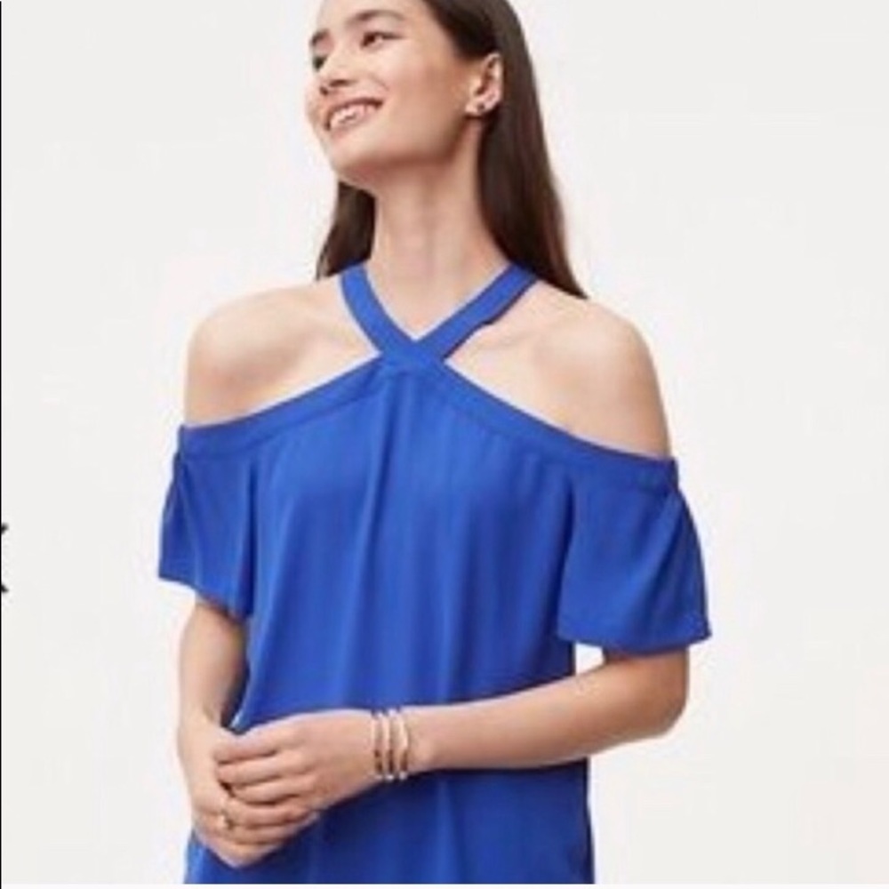 {Loft} Cold Shoulder Blue Blouse. Size Small. EUC.